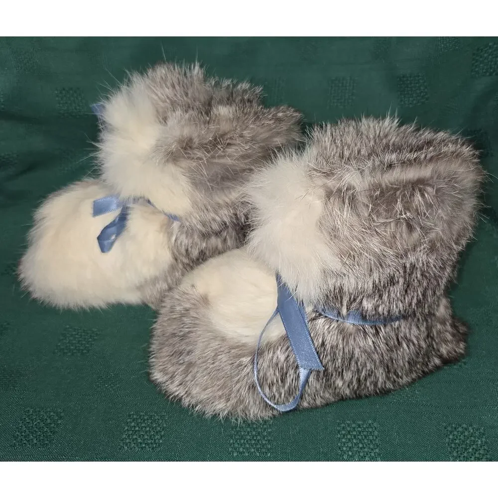 Rabbit Fur Kids Slippers Moccasins Vintage 6